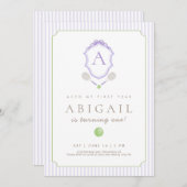 Paarse Preppy Tennis Crest 1e Verjaardag Uitnodige Bedankkaart (Voorkant / Achterkant)