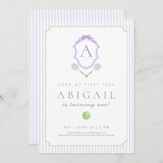 Paarse Preppy Tennis Crest 1e Verjaardag Uitnodige Bedankkaart (Voorkant / Achterkant)