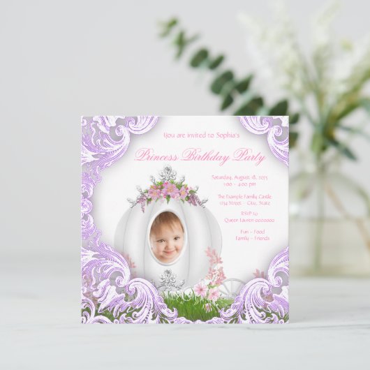 Paarse Princess Carriage Foto Verjaardagsfeest Kaart (Staand voorkant)