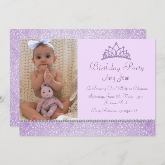 Paarse prinses Birthday Uitnodiging (Voorkant / Achterkant)