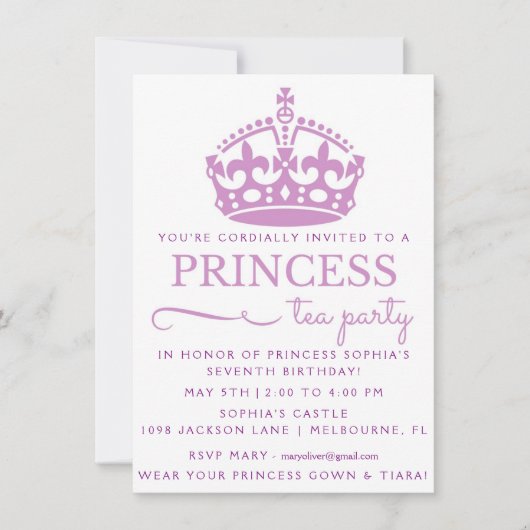 Paarse prinses Tea Party Birthday Uitnodigingen (Voorkant)