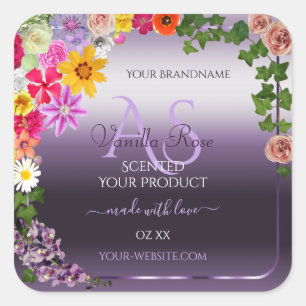 Paarse productlabels Monogram kleurrijke bloemen Vierkante Sticker
