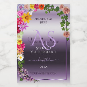 Paarse productlabels Monogram kleurrijke bloemen Voedselcontainer Etiket