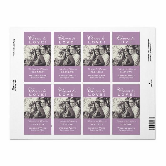 Paarse Proost op Liefde Bruiloft Foto Wijnfles Etiket (Full Sheet)