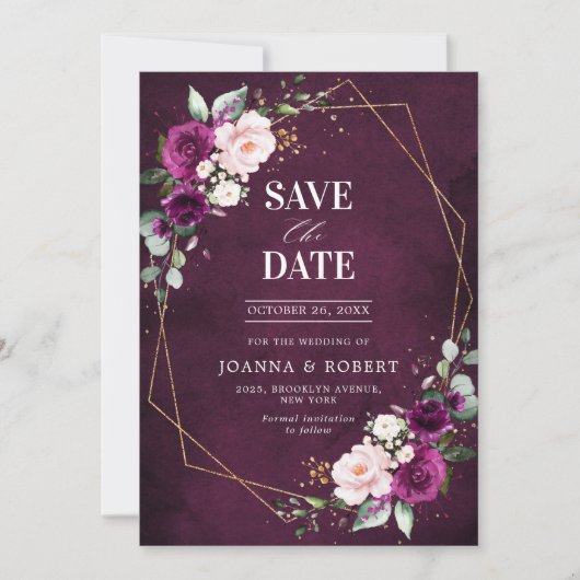 Paarse pruim Blozend Roze Roos Boho Geometrische T Save The Date (Voorkant)