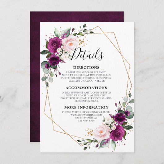 Paarse Pruim Blush Bloemen Geometrische Bruiloft Informatiekaartje (Voorkant / Achterkant)