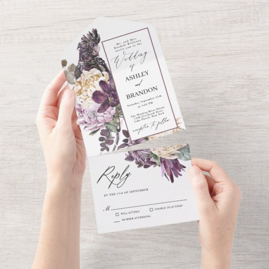 Paarse pruim boho luxe tropische bloemenbruiloft all in one uitnodiging (Afscheurbaar)