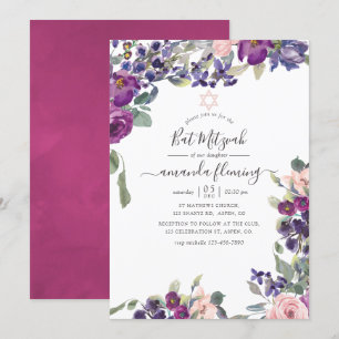 Paarse, pruim en blozende bloemen Bat Mitzvah Kaart
