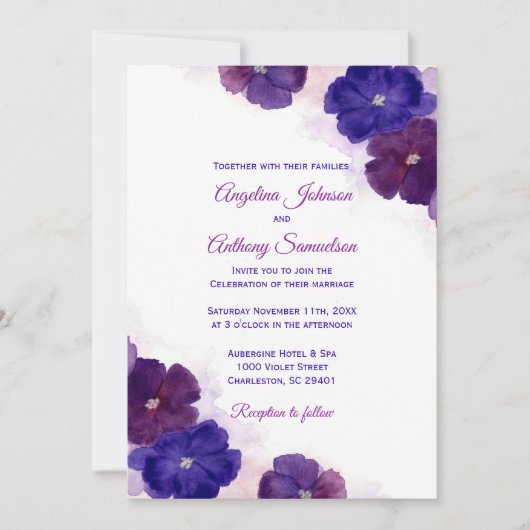 Paarse Pruim Royal Blue Waterverf Bloemenbruiloft Kaart (Voorkant)