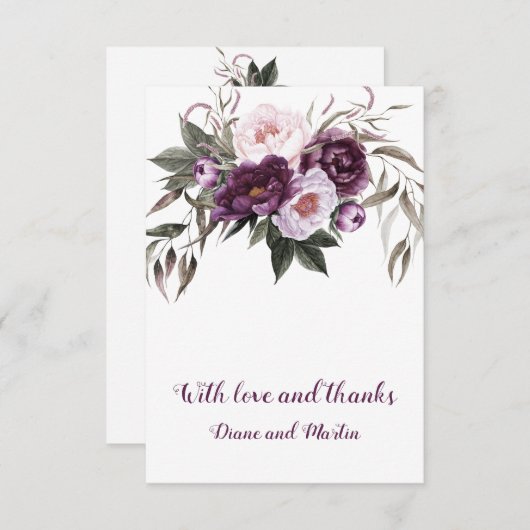 Paarse pruim roze pioenrozen bruiloft dank u bedankkaart (Voorkant / Achterkant)