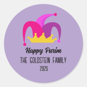Paarse Purim Clown Pet Familienaam Ronde Sticker