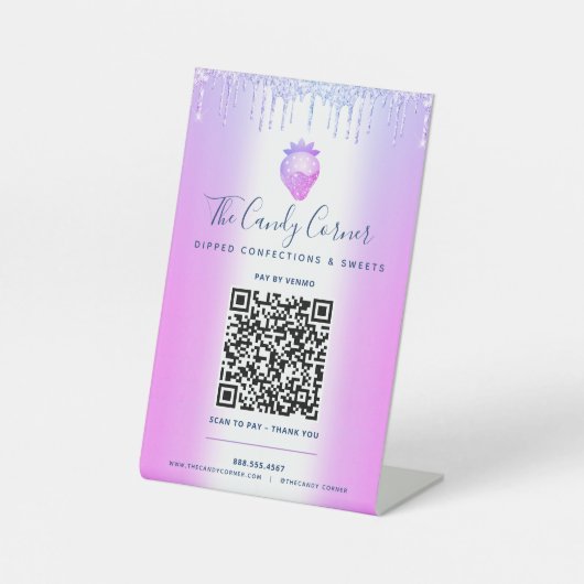 Paarse QR-code betaal hier aardbeienstutjes Reclamebord Met Voetstuk (Voorkant)