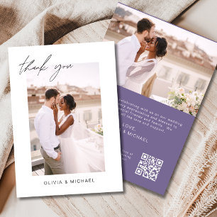 Paarse QR-code bruiloft Dank u fotokaart Bedankkaart