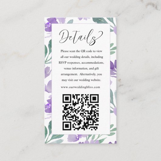 Paarse QR-code huwelijksdetails Informatiekaartje (Voorkant)
