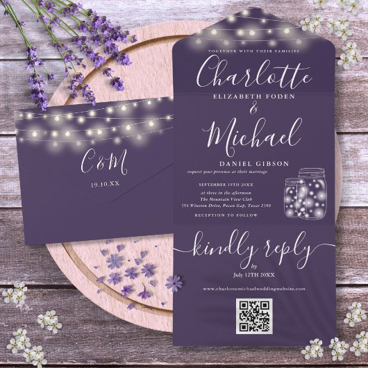 Paarse QR Code Mason Jars String Licht Bruiloft All In One Uitnodiging
