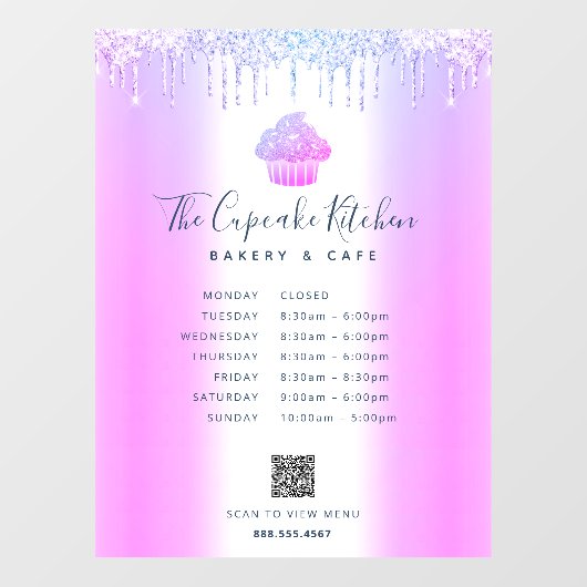 Paarse QR Code Menu Uren Cupcake Bakkerij Glitter Raamsticker (Vel)