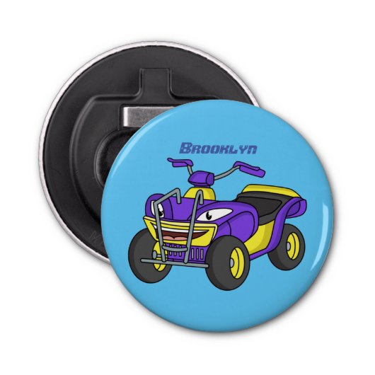 Paarse quad-fietsenafbeelding cartoon button flesopener (Voorkant)