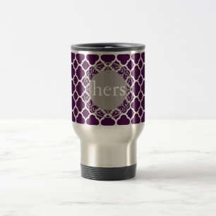 Paarse Quatrefoil Patroon Monogram met Aubergine Reisbeker