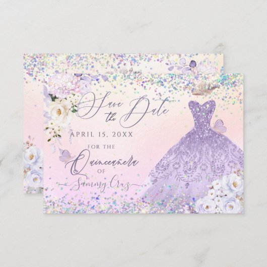 Paarse Quinceanera Save Date Holographic Confetti Kaart (Voorkant / Achterkant)