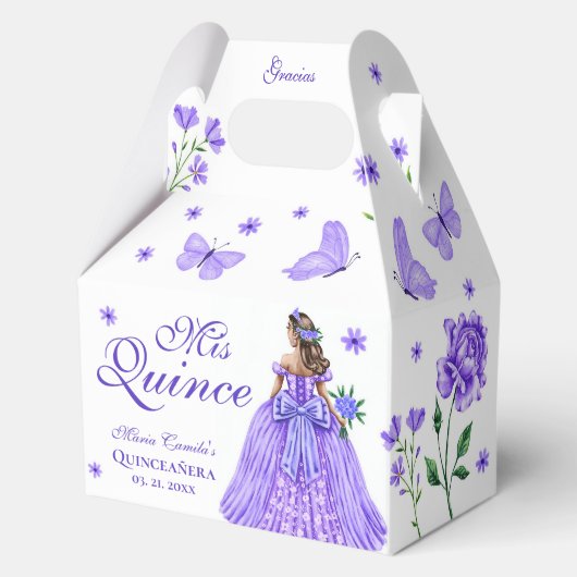 Paarse Quinceañera Vlinder en Rozen Bloemen Bedankdoosjes (Voorkant)