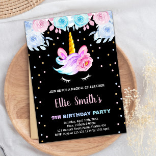 Paarse Rainbow Pink Eenhoorn Verjaardagsuitnodigin Kaart