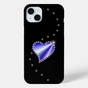 Paarse regenbooghartslag met sterren op zwart iPhone 15 mini hoesje