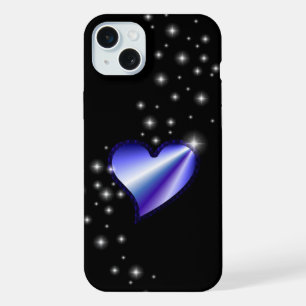 Paarse regenbooghartslag met sterren op zwart iPhone 15 plus case