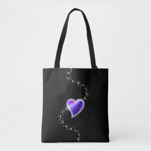 Paarse regenbooghartslag met sterren op zwart tote bag