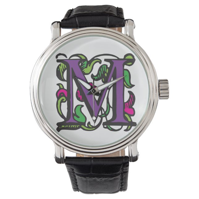 Paarse Renaissance Verlichte Manuscript M Horloge (Voorkant)