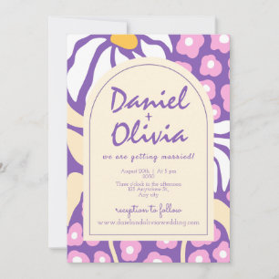Paarse Retro Bloemen met QR Huwelijksuitnodiging Kaart