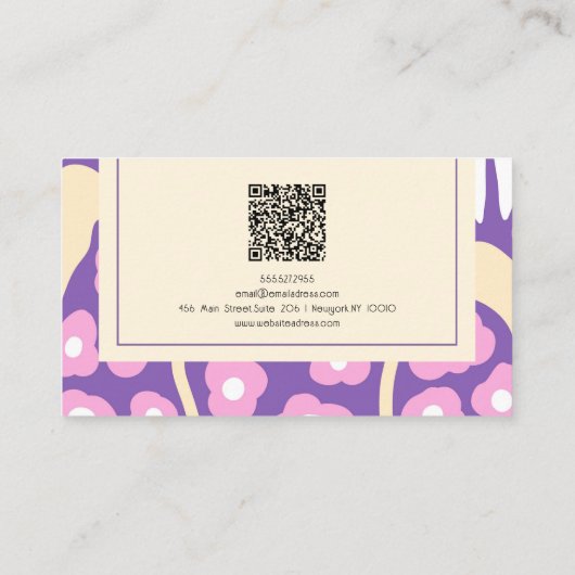 Paarse Retro Bloemen met QR Visitekaartje (Achterkant)