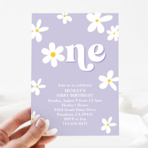 Paarse Retro Daisy Een 1e Verjaardags Meisje Kaart