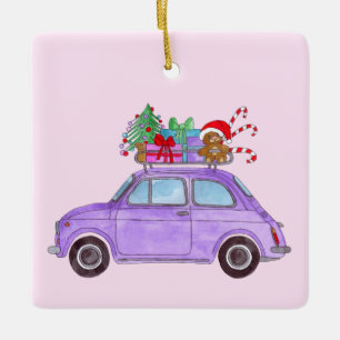 Paarse Retro Fiat 500 met kerstcadeaus Keramisch Ornament