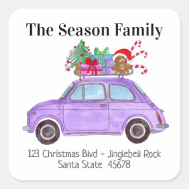 Paarse Retro Fiat 500 met kerstcadeaus Vierkante Sticker