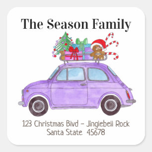 Paarse Retro Fiat 500 met kerstcadeaus Vierkante Sticker
