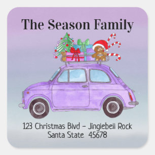Paarse Retro Fiat 500 met kerstcadeaus Vierkante Sticker