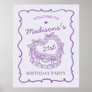 Paarse Retro Hart Coquette Cake Verjaardag Welkom Poster