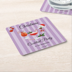 Paarse Retro Kerst Cocktaillokaal Vierkante Kartonnen Onderzetter