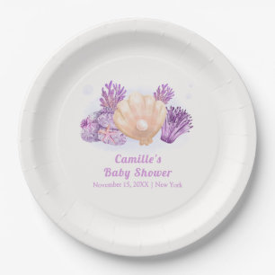 Paarse Retro Pearl Seashell Baby shower Papieren Bordje