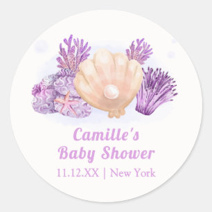 Paarse Retro Pearl Seashell Baby shower Ronde Sticker