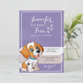 Paarse Retro Schattigee Puppy Thema Kids Verjaarda Kaart (Staand voorkant)