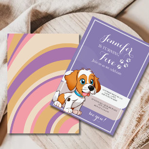 Paarse Retro Schattigee Puppy Thema Kids Verjaarda Kaart