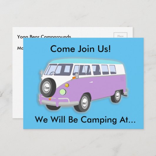 Paarse Retro Van Camping Trip Uitnodigen Briefkaar Uitnodiging Briefkaart (Voorkant / Achterkant)