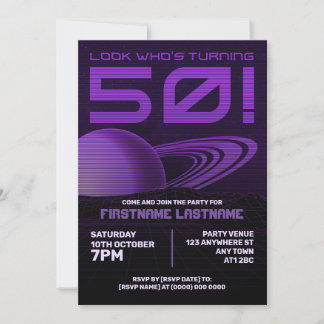 Paarse Retrowave 50e Verjaardagsfeestuitnodiging Kaart