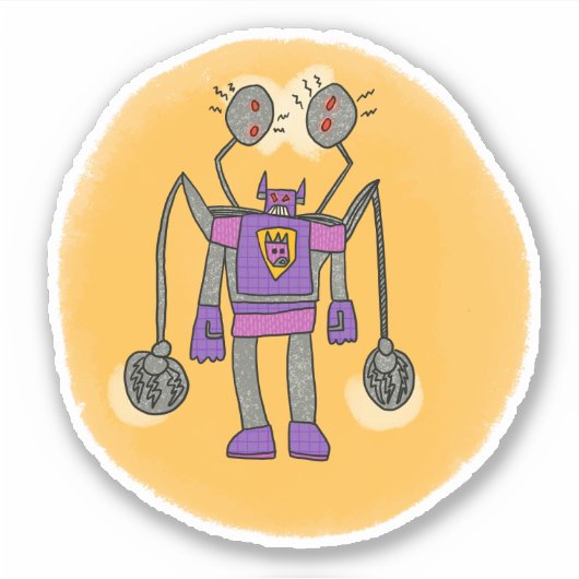 Paarse Robot Comic Book Style Sticker (Voorkant)