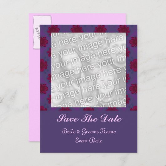Paarse Rode Bloemen Bewaar de Datum Aankondigingskaart (Voorkant / Achterkant)