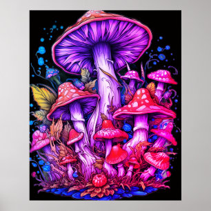Paarse + Rode Paddenstoelen Zwarte Achtergrond aan Poster