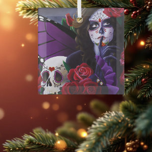 Paarse Rode Rozen Suiker Skull Fee Dag Doden Glas Ornament