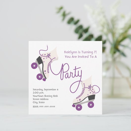 Paarse Roller Disco Schaats Feestuitnodiging Kaart (Staand voorkant)