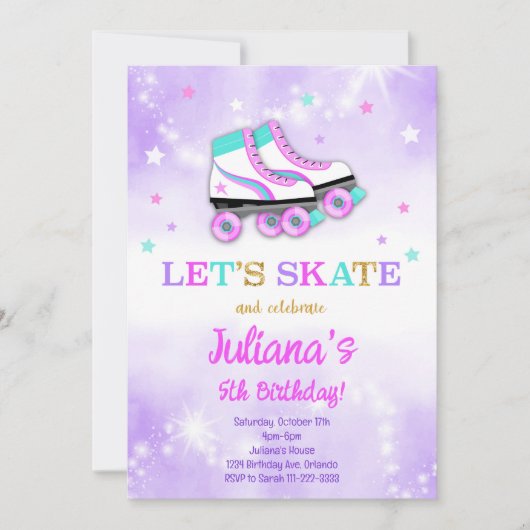 Paarse Roller Schaats Verjaardagsuitnodiging Kaart (Voorkant)